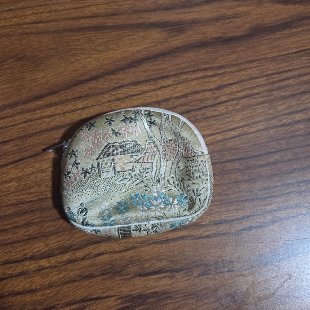 Vintage Gold Brocade Scenic Coin Purse Zippered Small Pouch Landscape Design